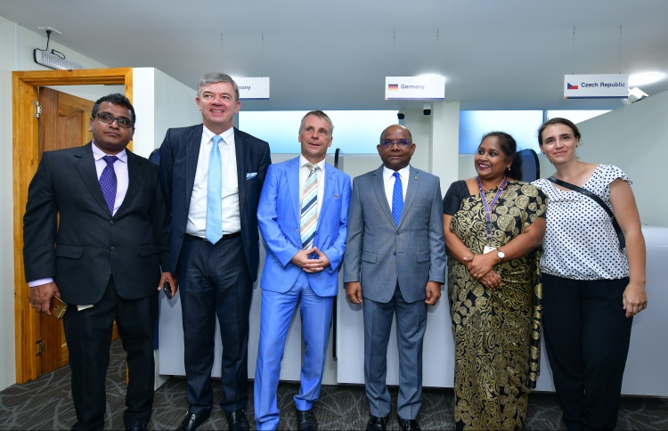 Foreign Minister Abdulla Shahid (R-3), German Ambassador Joern Rohde (L-3), Czech Ambassador Milan Hovorka (L-2) and Jaya Amit Mitra (R-2), the General Manager at South India & Srilanka at VFS Global Services, pictured inside the VFS Schengen Visa Application Centre which was unveiled on March 2, 2020. PHOTO: NISHAN ALI / MIHAARU