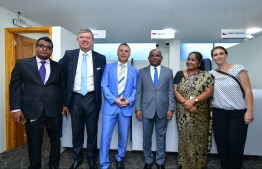 Foreign Minister Abdulla Shahid (R-3), German Ambassador Joern Rohde (L-3), Czech Ambassador Milan Hovorka (L-2) and Jaya Amit Mitra (R-2), the General Manager at South India & Srilanka at VFS Global Services, pictured inside the VFS Schengen Visa Application Centre which was unveiled on March 2, 2020. PHOTO: NISHAN ALI / MIHAARU