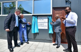 Foreign Minister Abdulla Shahid (R-2), German Ambassador Joern Rohde (L-2) and Czech Ambassador Milan Hovorka (L) unveil VFS Schengen Visa Application Centre on March 2, 2020. PHOTO: NISHAN ALI / MIHAARU